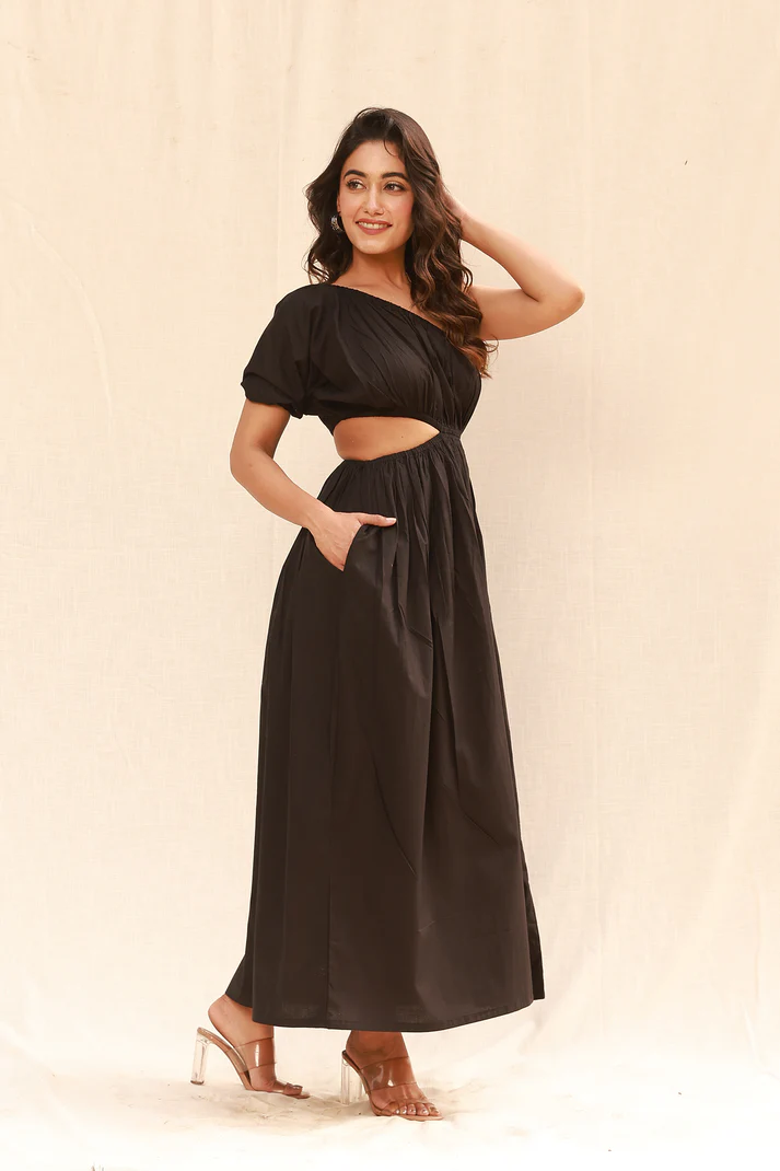 Black maxi dress with one shoulder & waist cut-out